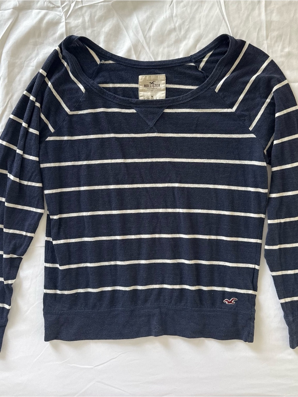 Hollister Navy Blue & White Striped Scoop Neck Long Sleeve Top Size Medium